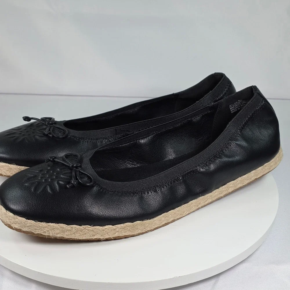 Frye and Co Willow‎ Black Espadrille Ballet Flats Floral Embossed Bow 9.5M